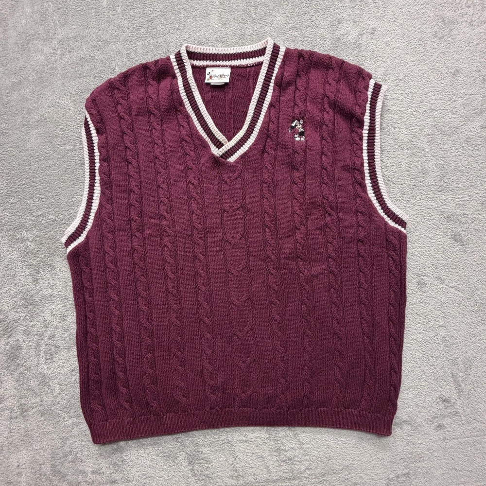 Walt Disney World Sweater Vest Mens XL Purple V Neck Cable Knit Mickey Mouse